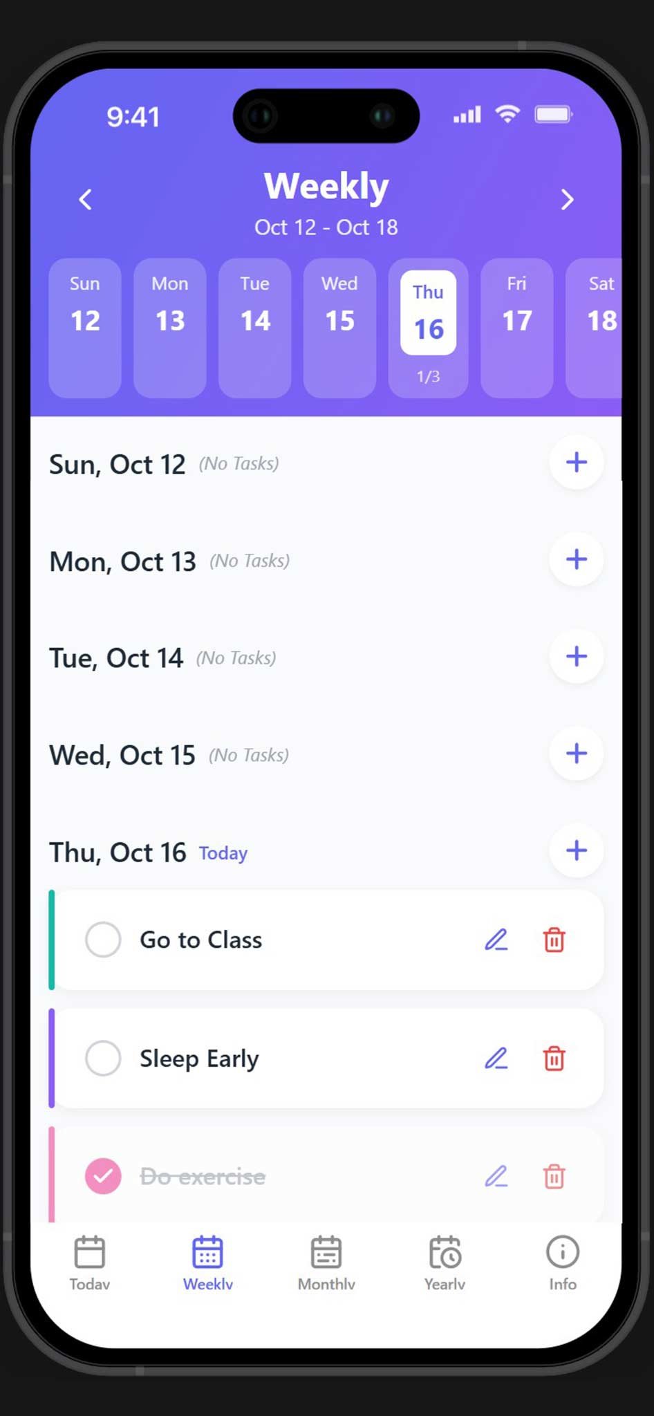Weekly view of the planner app