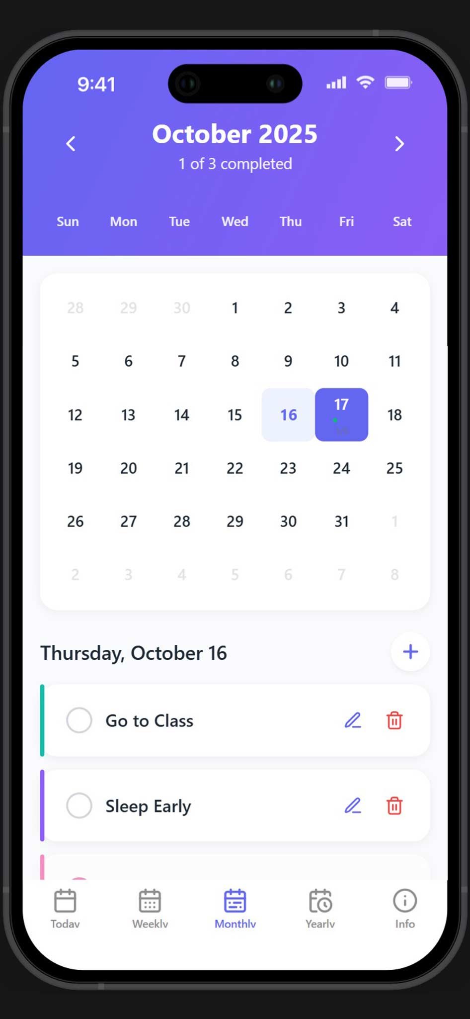 Monthly calendar view of the planner app