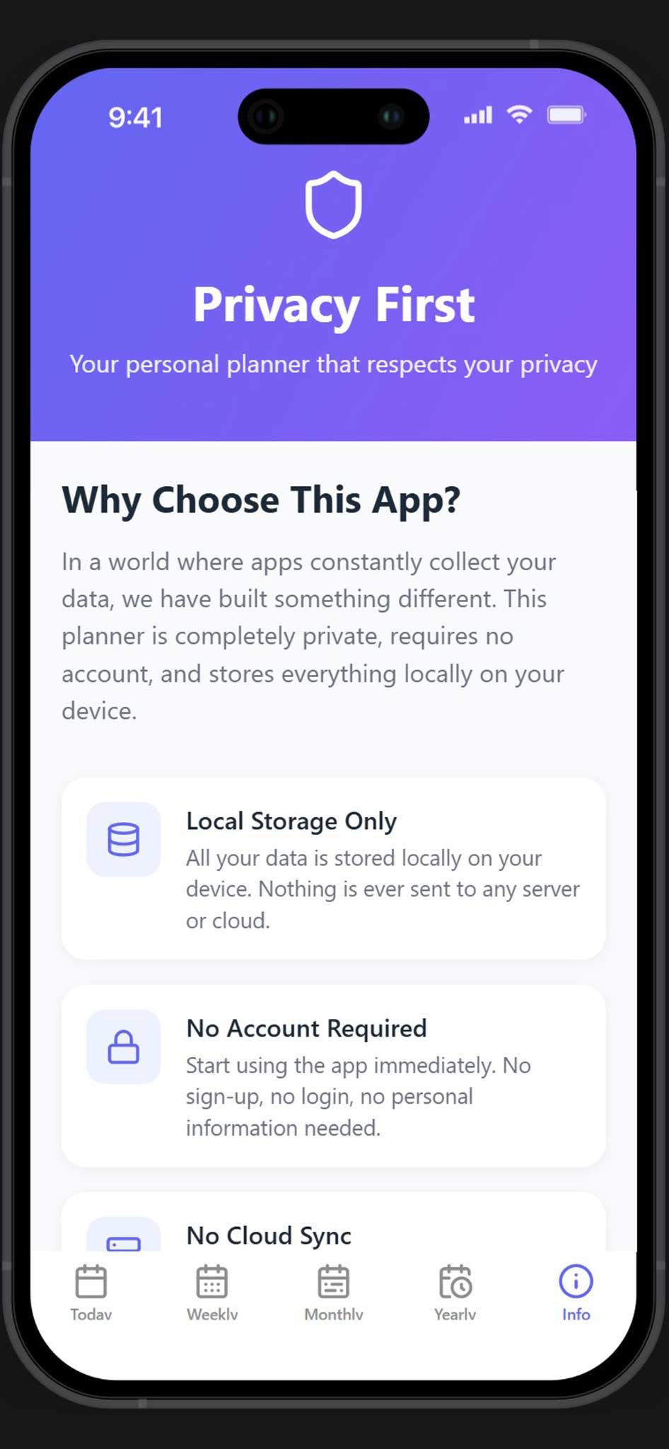 Privacy and about page of the planner app